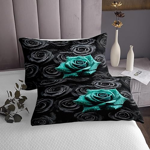 Miniatura 4 de Erosebridal Juego de colcha romántica floral de rosas negras y verde azulado, juego de colcha de rosas 3D para dormitorio de mujeres y niñas,