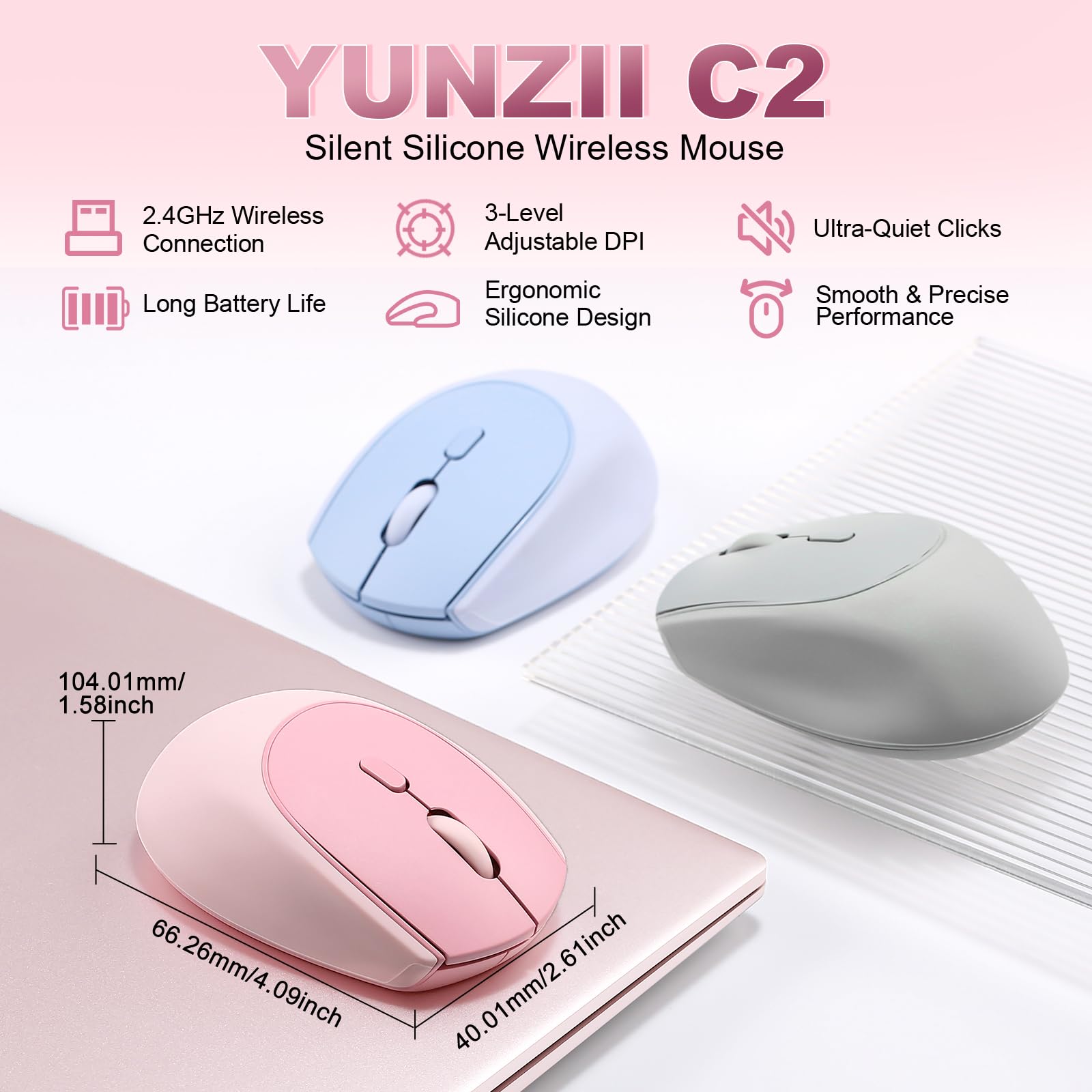 YUNZII C2 Bezprzewodowa Mysz do Gier, 2,4 GHz Słodka Silikonowa Bezprzewodowa Mysz Komputerowa, Ciche Kliknięcia, 3 Regulowane DPI, Przenośne Myszy Ergonomiczne dla Laptopa/PC/Mac (Różowy)
