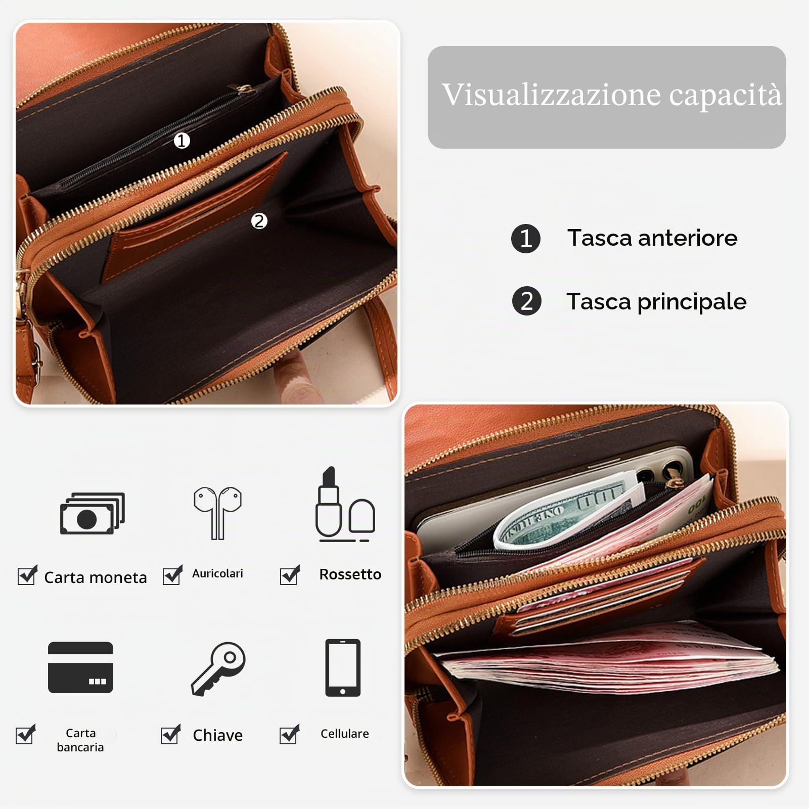 Elegante Portafoglio Borsa a Tracolla Donna Borsa per Cellulare Portamonete PU Carte di Credito Portafoglio per Festa Nozze Viaggio