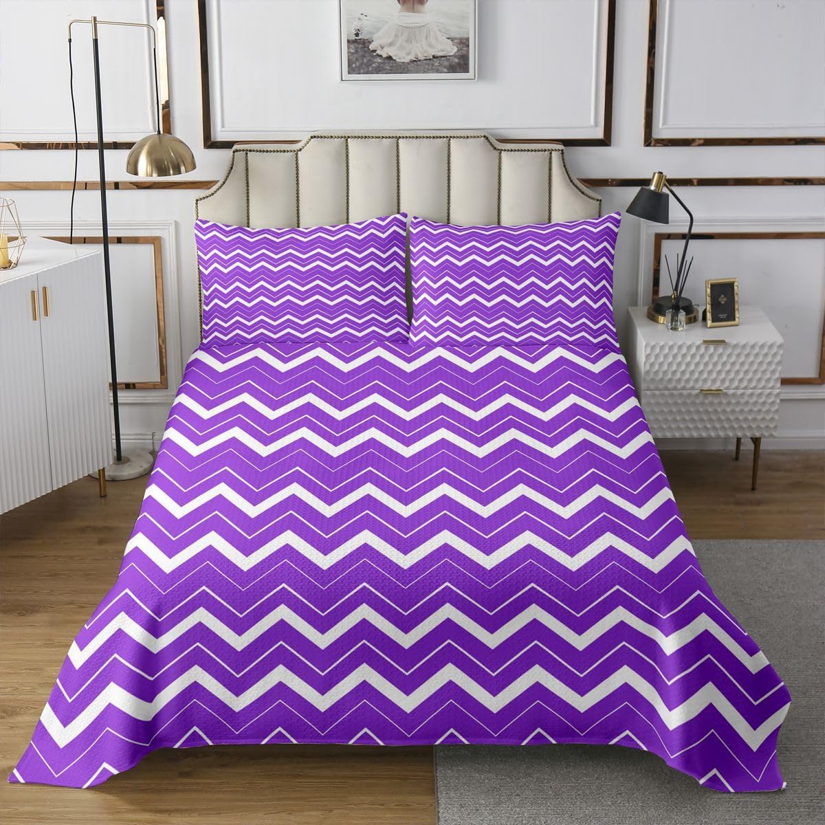 jejeloiu Purple Bedspread Quilts Stripes Coverlet Set Queen Size for Kids Boys Girls Geometric Quilted Coverlet for All Season with 2 Pillowcases Stripe Line Microfiber Modern Art