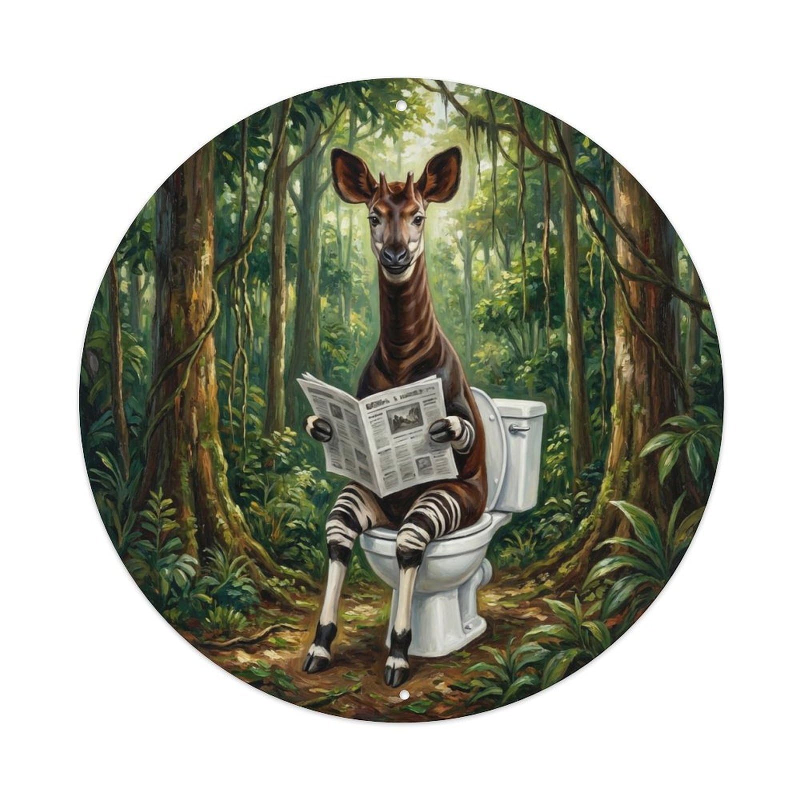Okapi On Toilet Humorous Bathroom Rainforest Path Metal Tin Sign