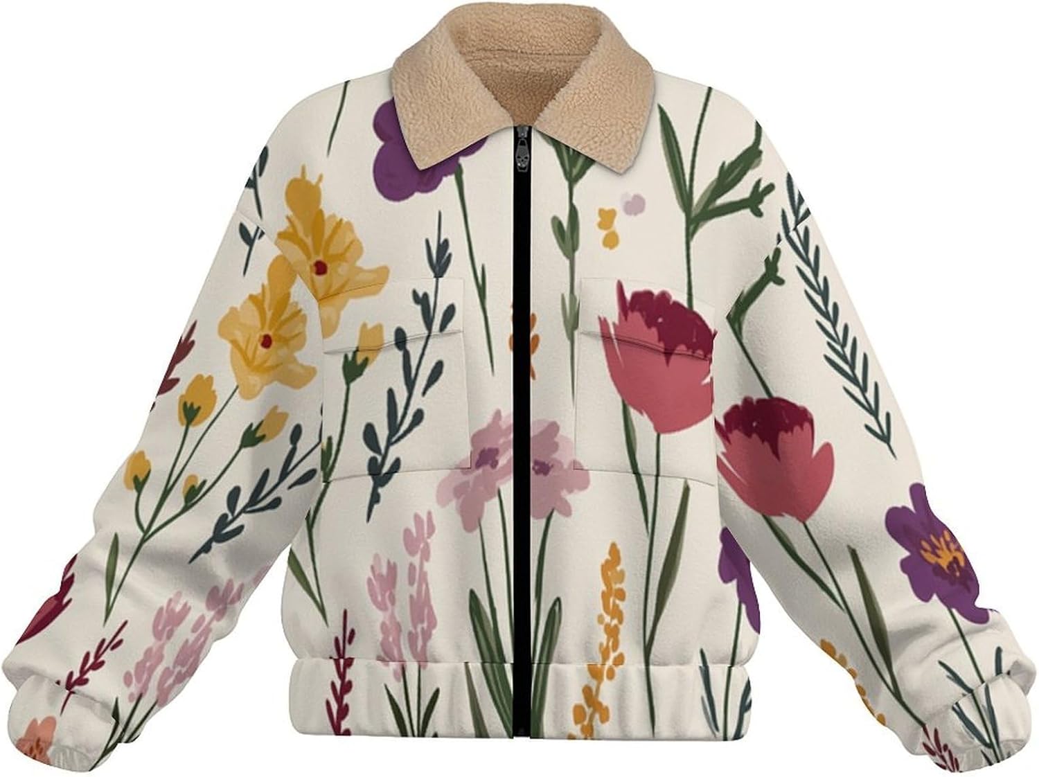 Women's Full Zip Soft Polar Fleece Jacket, Cute flowers plants Printed Coat, Long Sleeve Comfortable Outerwear