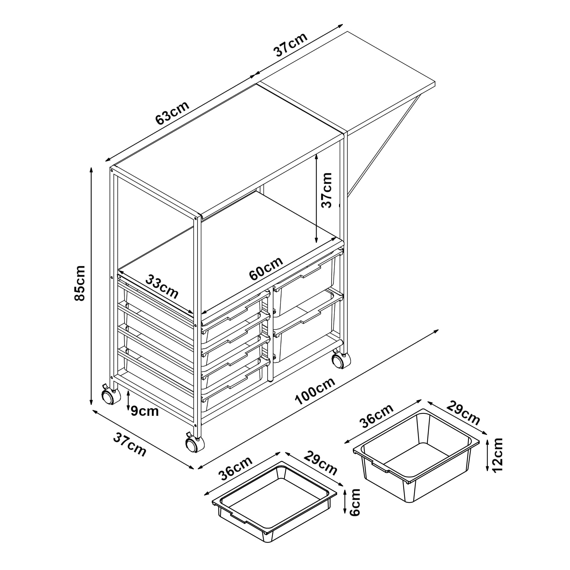 Carrello di servizio per cucina, soggiorno, mobile con 6 vassoi scorrevoli in acciaio, 100 x 37 x 85 cm, bianco 03_0009257