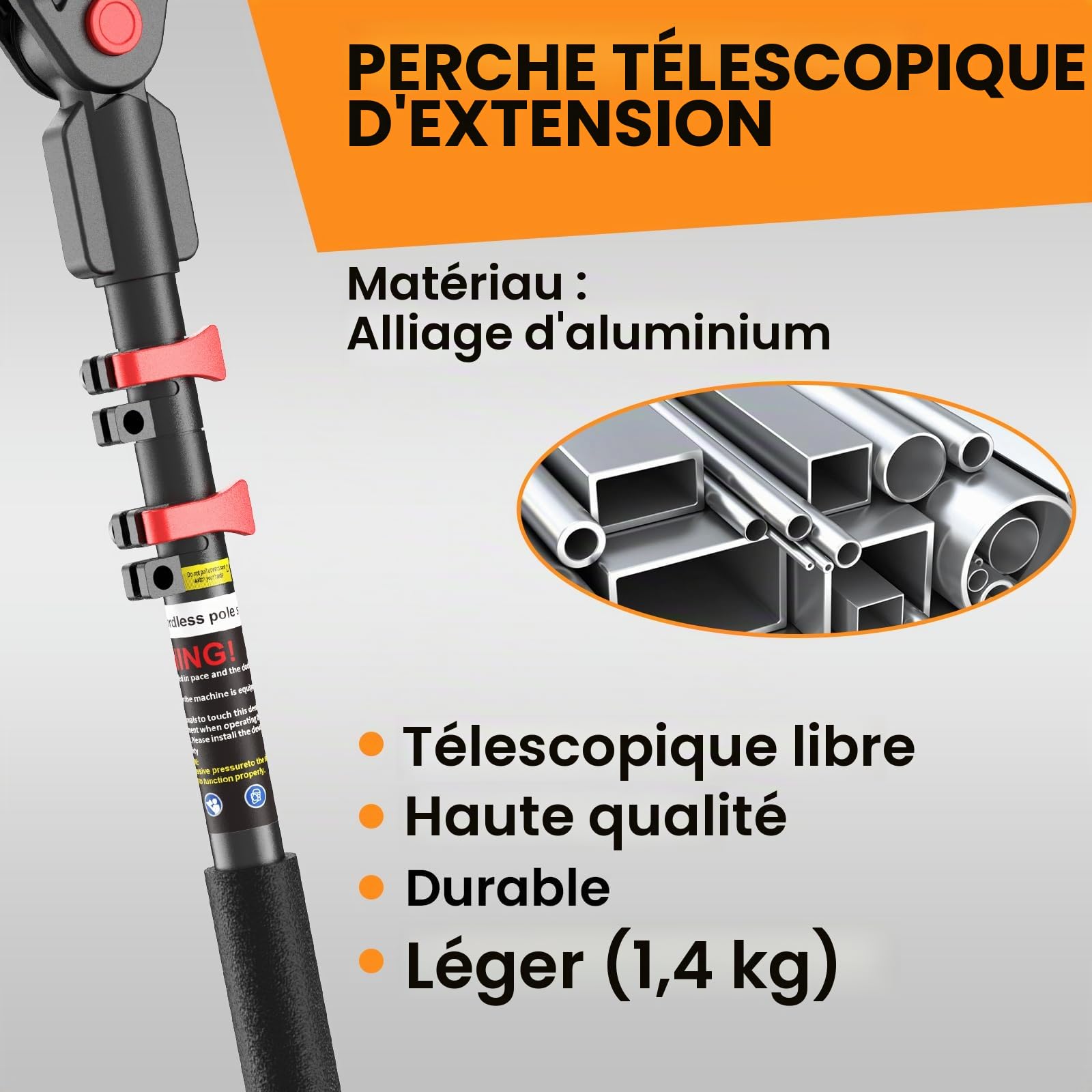 Perche Télescopique pour Sécateur électrique, 2.2 M Telescopic Extension Pole pour Mini tronçonneuse, convient aux batteries avec interface Makita, Compatible avec les outils de la marque MuatCtarom