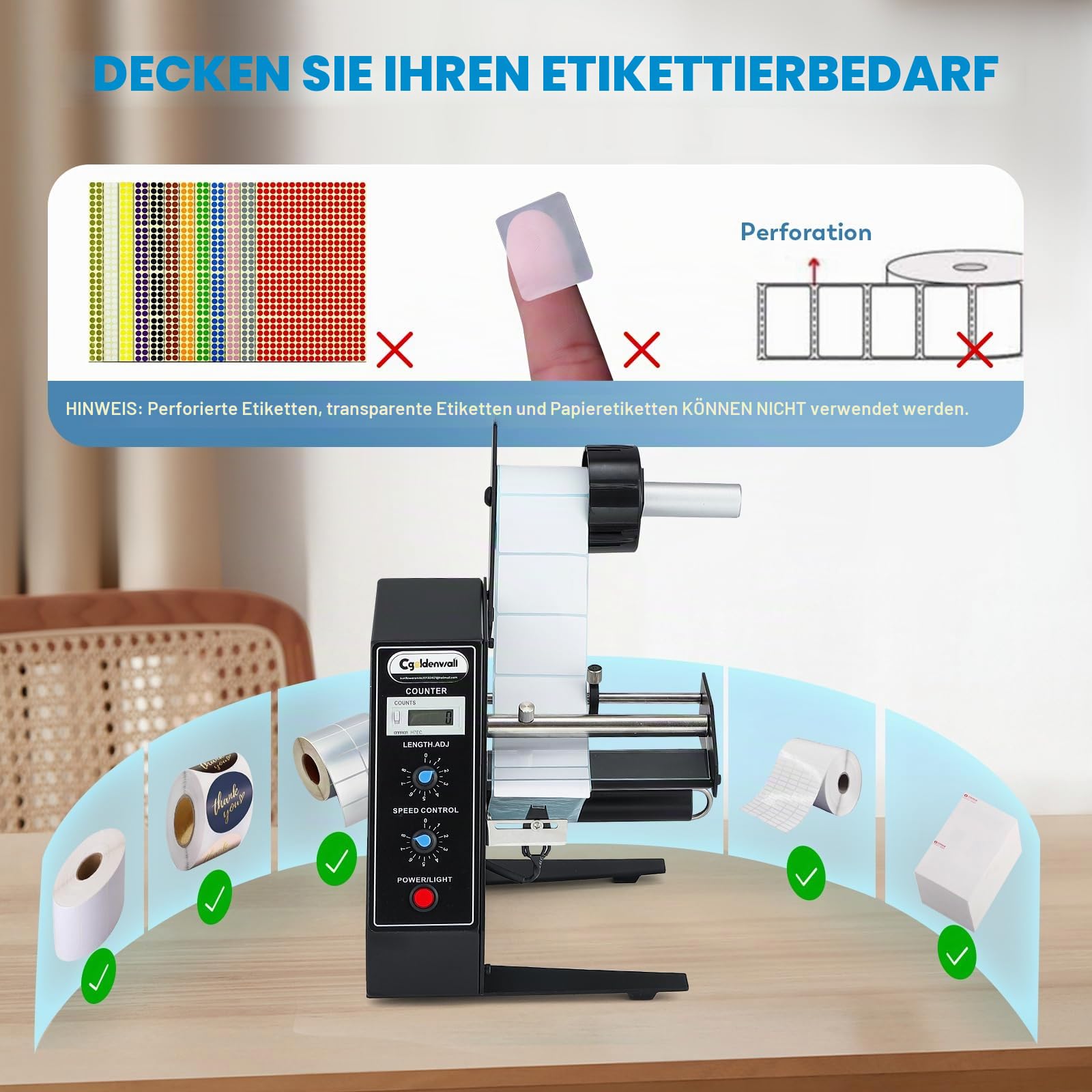 CGOLDENWALL Automatischer Etikettenspender, für Rollenetiketten | Länge und Geschwindigkeit Einstellbar, 1-8 m/min, Zählung von 0-999999, Breite 4-140MM, Länge 3-150MM, für Logistik, Büro