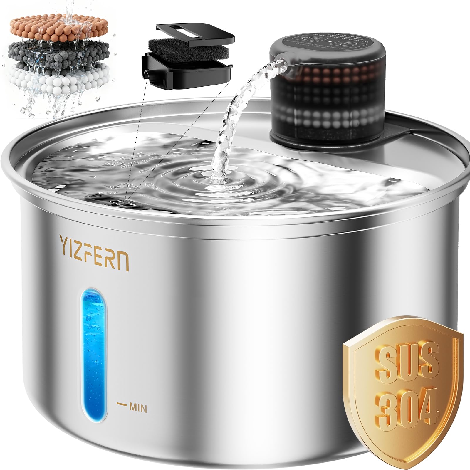 Cat Water Fountain Stainless Steel 108oz/3.2L Upgrade Dual-Filtration Pet Water Fountain for Cats Indoor, Ultra Quiet Dog Water Bowls Dispenser for Drinking, Automatic Cat Watering Supplies (White)
