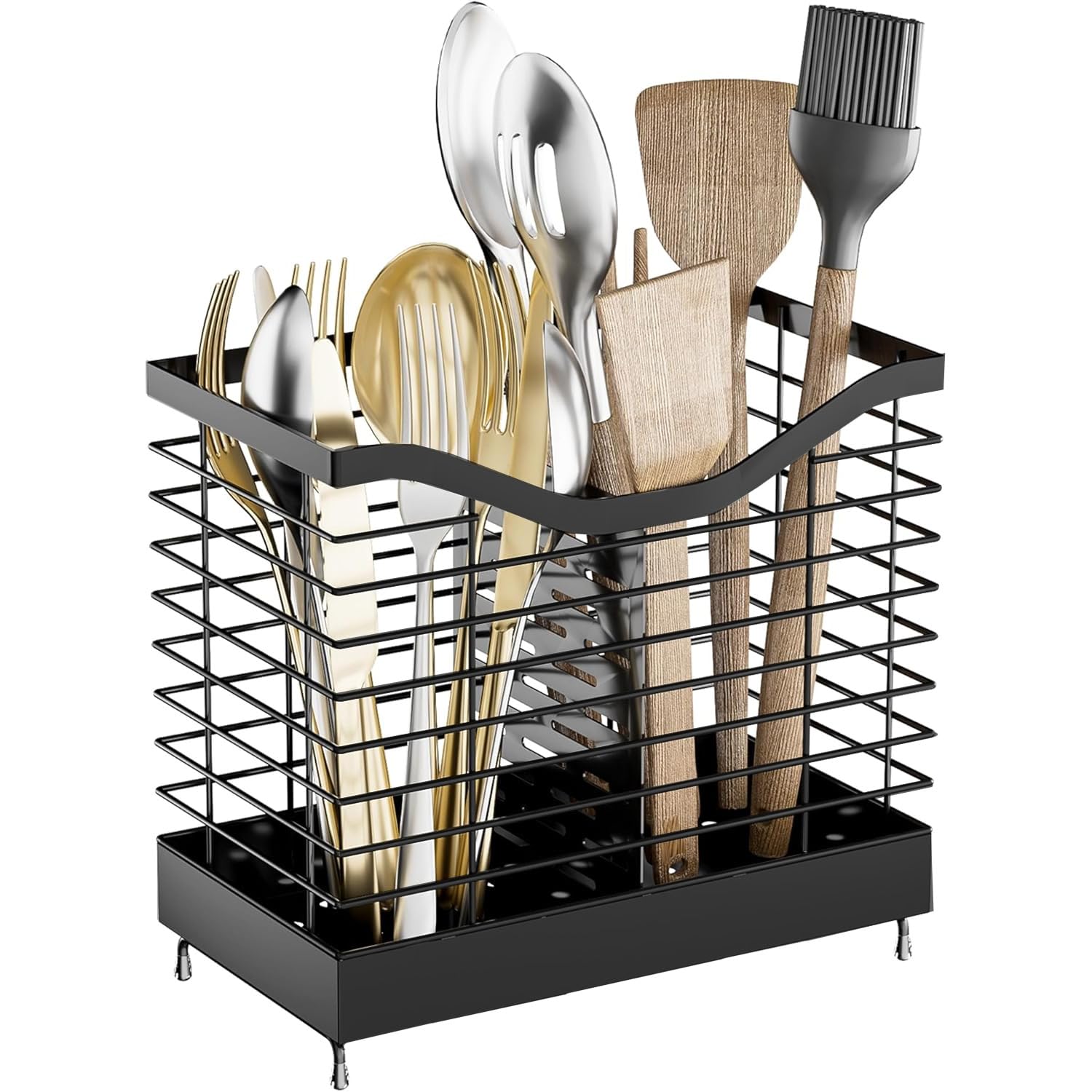 Portautensili per Posate, Cestello Portaposate Acciaio inox Scolaposate con 2 Scomparti e Scarichi Organizzatore di Posate per Forchette,Coltelli,Cucchiai, Ideale per Lavello da Cucina Piano di Lavoro