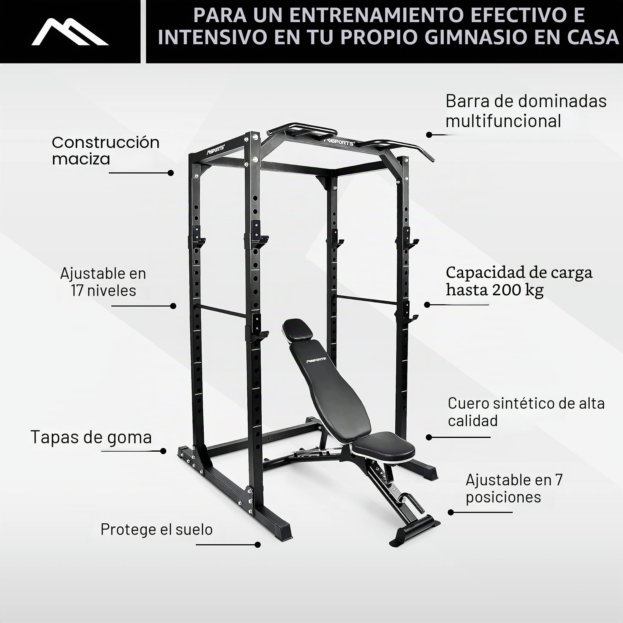 MSPORTS Power Rack Premium Cage H/B/T – 215 x 120 x 140 cm – Estación de fuerza hasta 200 kg Pesas Jaula Squat Fitness Station