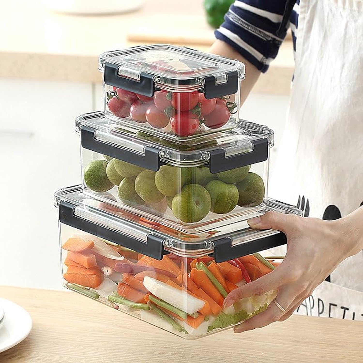 Food Storage Box Large Capacity 6.5/3.8/2-Liter Airtight Food Storage Box, Refrigerator Fruit & Vegetable Storage Box, Stackable Kitchen Organizer Boxes, BPA Free & Microwave Freezer Dishwasher Safe