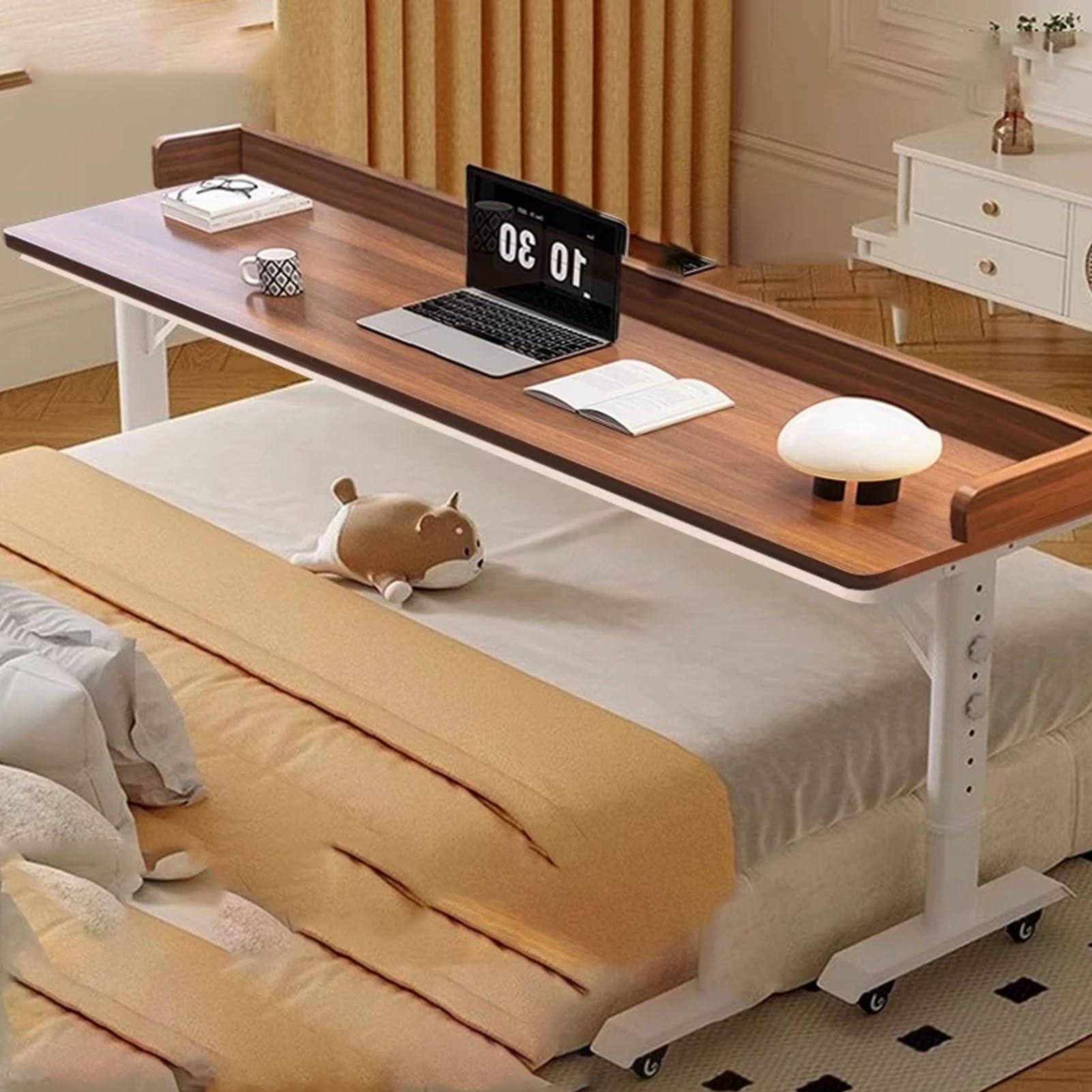 Mobilny Stolik Nadłóżkowy Panelem Tylnym, Stolik Nocny Regulowanej Wysokości Kółkami Obrotowymi, Stolik Nad Łóżkiem(Brown,94.4x23.6in/240x60cm)