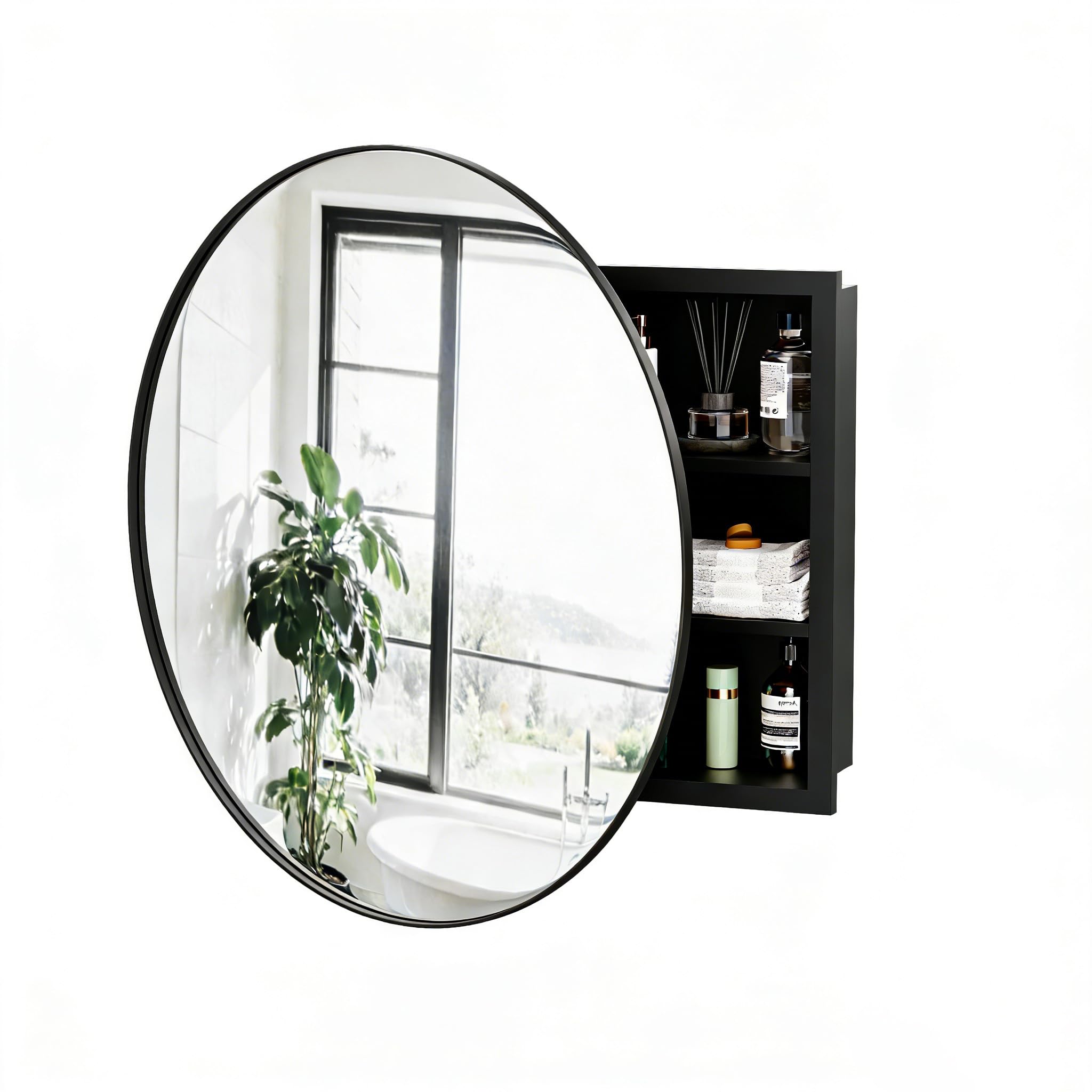 Armoire Salle de Bain avec Miroir Murale Arrondi Métal Armoire de Toilette Miroir avec 2 Étagère Noir (Aucun Assemblage requis) 52x52x12.5 cm