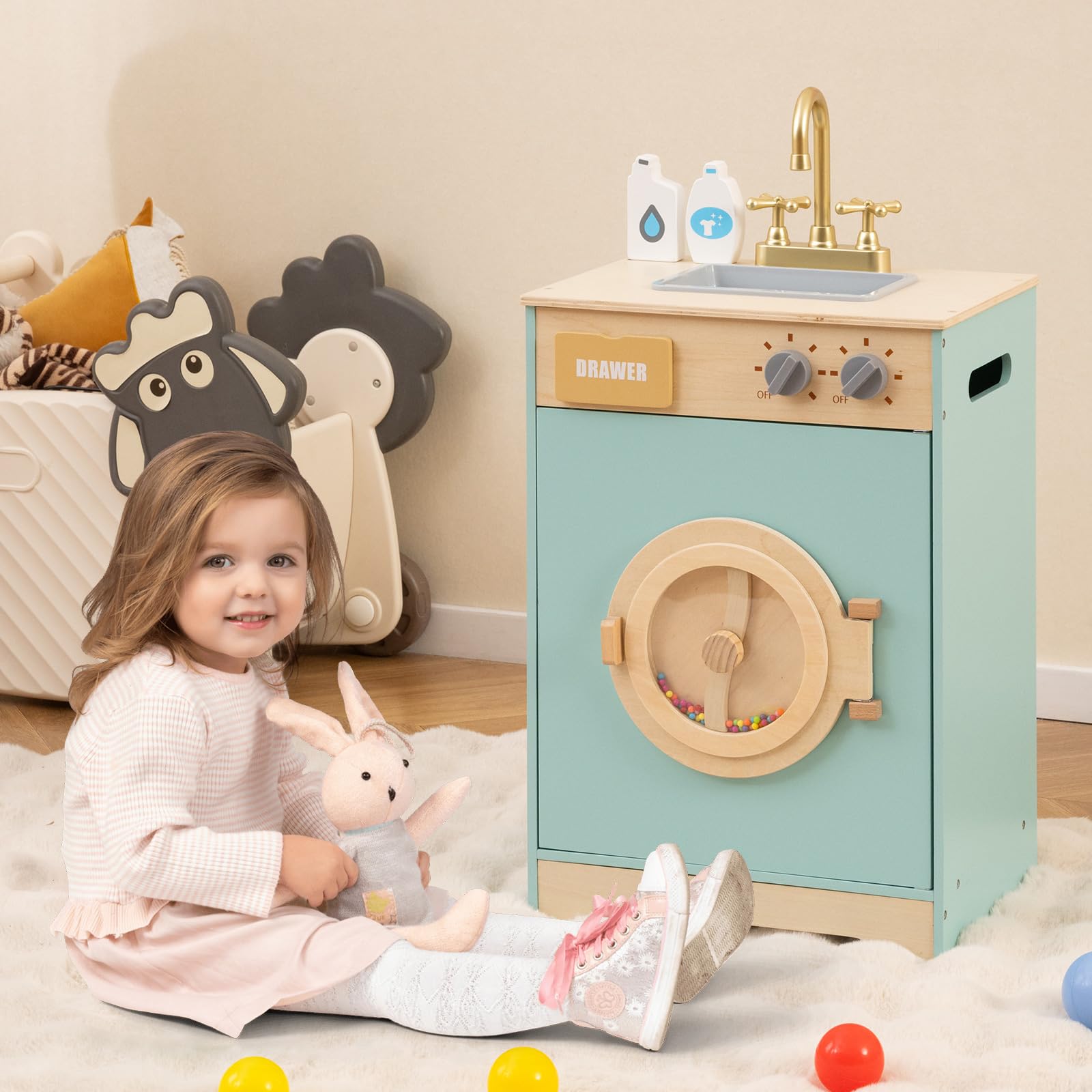 COSTWAY Set di Gioco Lavatrice per Bambini, Giocattolo Lavatrice con Detersivo e Igienizzante per le Mani, Set in Legno con Lavabo, Cassetto e Ruota Rotante, Regalo per Bambini dai 3+ Anni