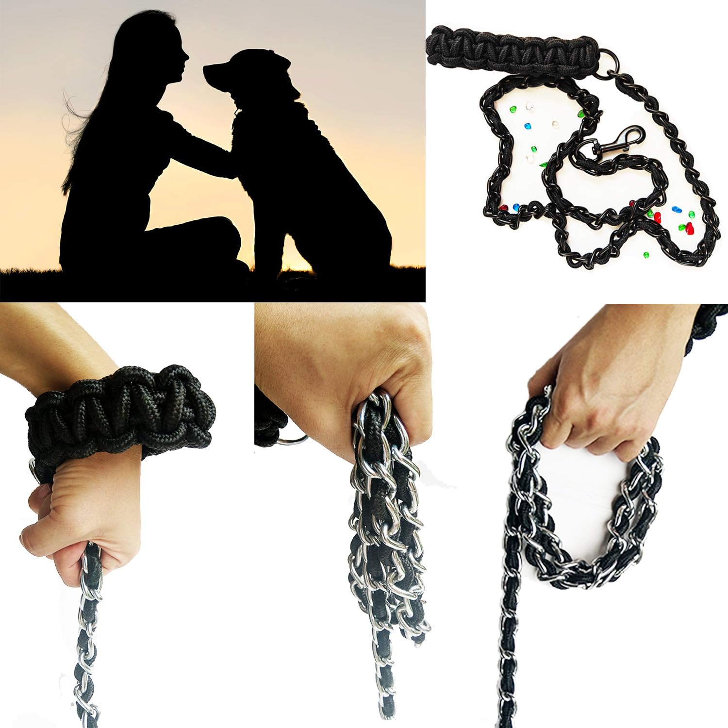 Correa de metal para perro con collar para mascotas, correas de entrenamiento para caminar, resistente y antimordeduras, gancho de cuerda para perros medianos y grandes