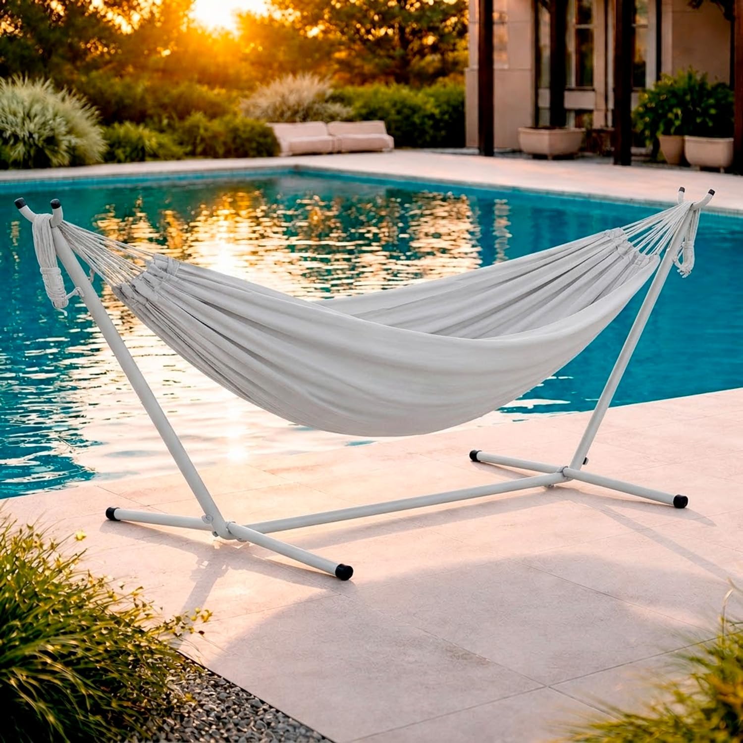 Amaca Da Giardino Con Supporto In Acciaio Portata 200 Kg Altezza Regolabile Telo Cotone Esterno Terrazzo Piscina Balcone Con Borsa Struttura Grigia 265 x 110 x 100 Cm Grigio