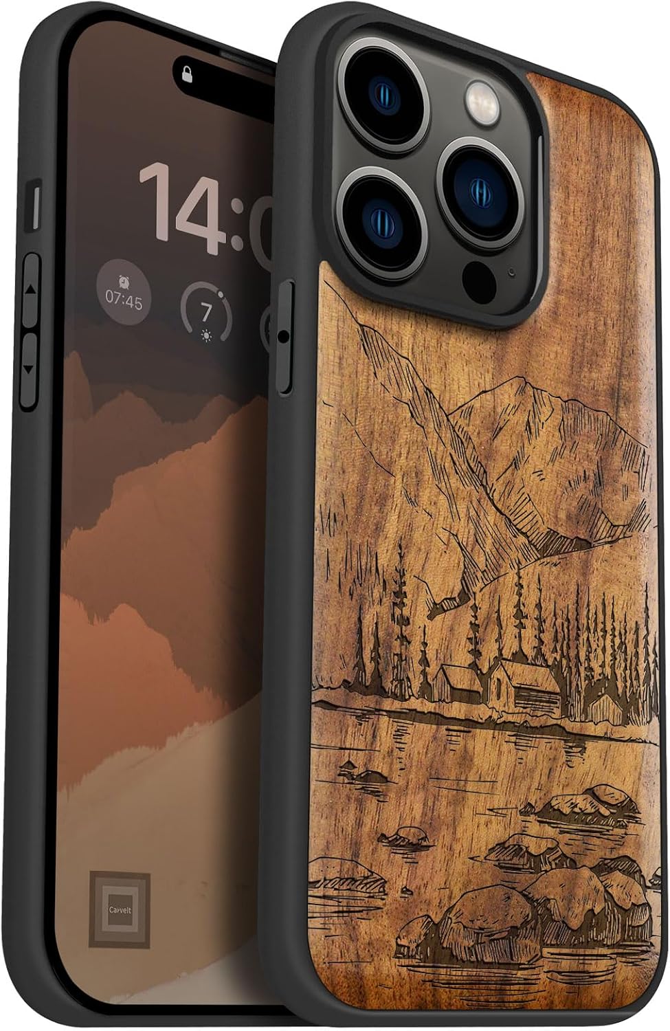 Carveit Magnetic Wood Case for iPhone 14 Pro Case [Natural Wood & Black Soft TPU] Unique & Classy Wooden Shockproof Protective Cover Compatible with magsafe (Lakes and Mountains -Walnut)