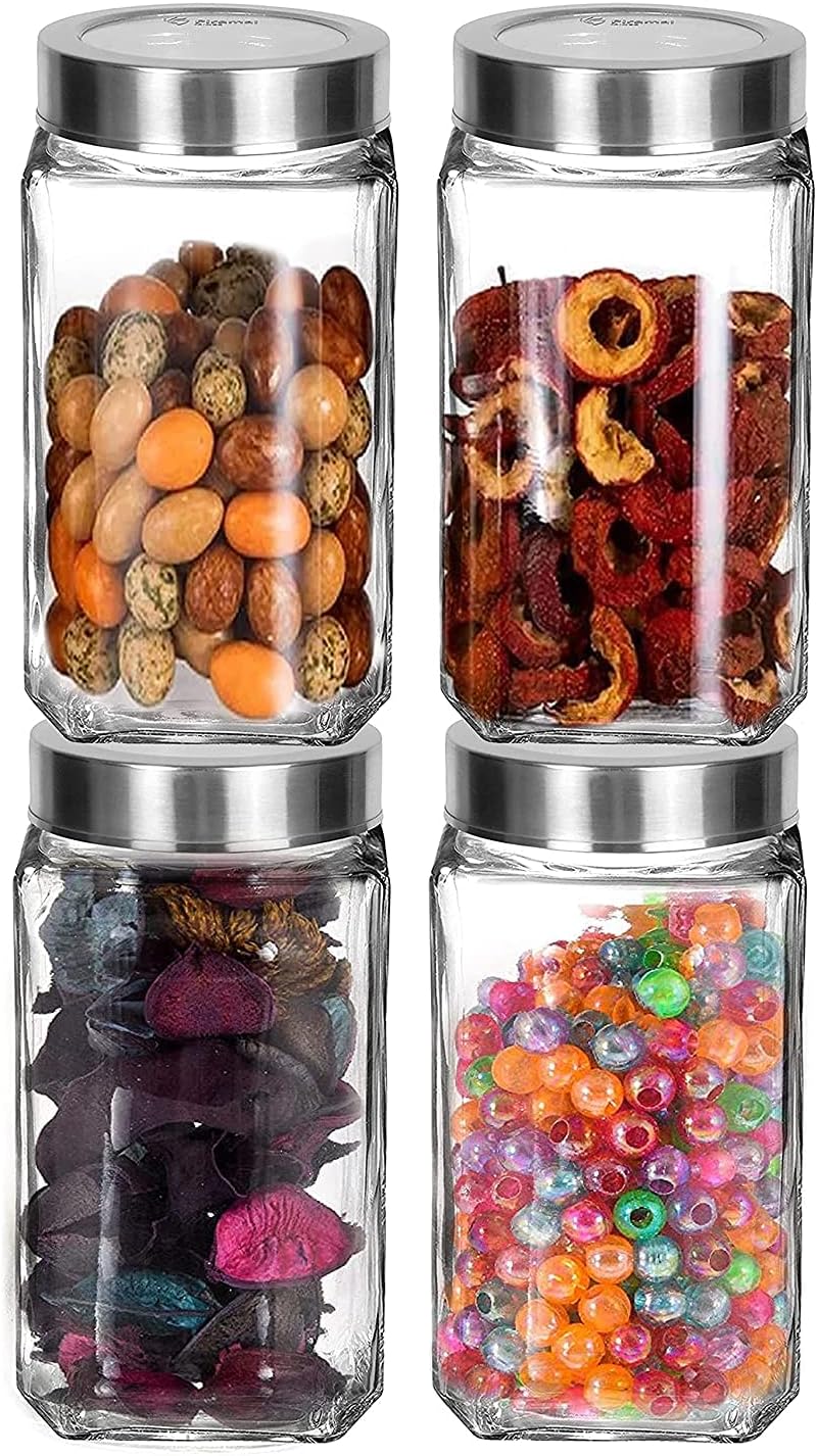 Vency Piramal Glass Cube Storage Glass Jar 1 Ltr Transparent Glass Jars & Containers for Kitchen Pantry- Storage with Lid (1 Ltr, Set Of 4)