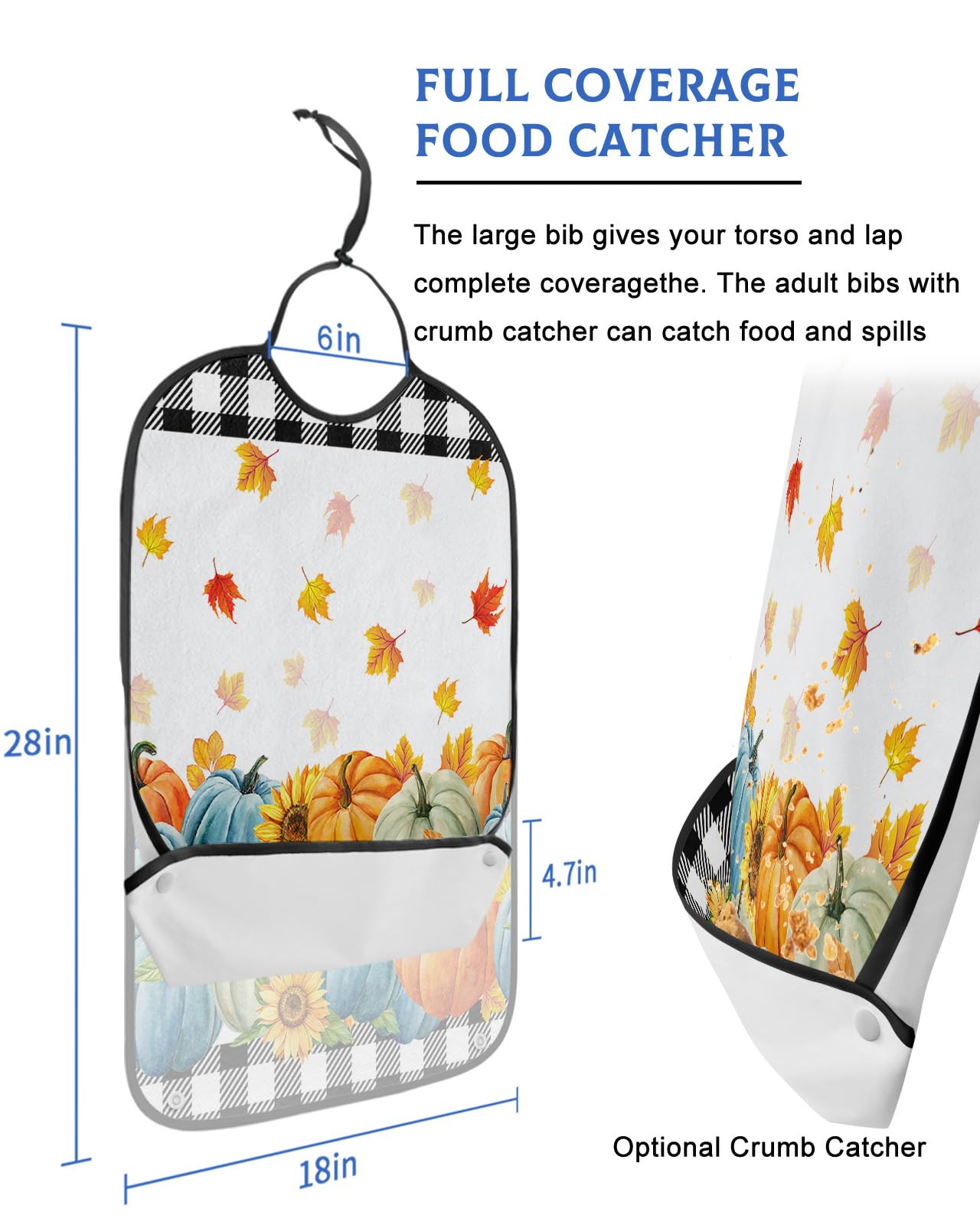 LEOKOTI Orange Blue Teal Pumpkins Fall Adult Bibs for Eating, Waterproof Bibs with Food Catcher & Snap Closure, Black Plaid Maple Leaf Thanksgiving Washable Clothing Protectors Adult Bibs for Elderly