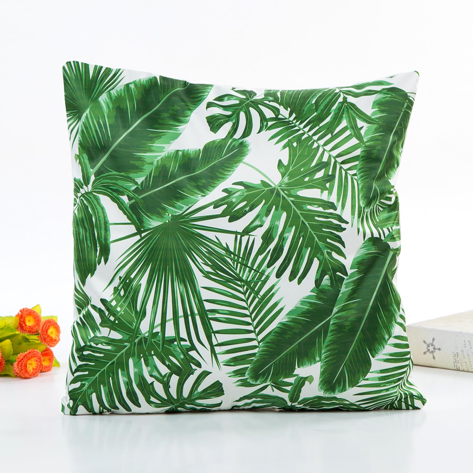 Kissenbezug 60x60 Cm Grün - Leinen Deko Kissen Mit Blattmuster Für Sofa & Wohnzimmer