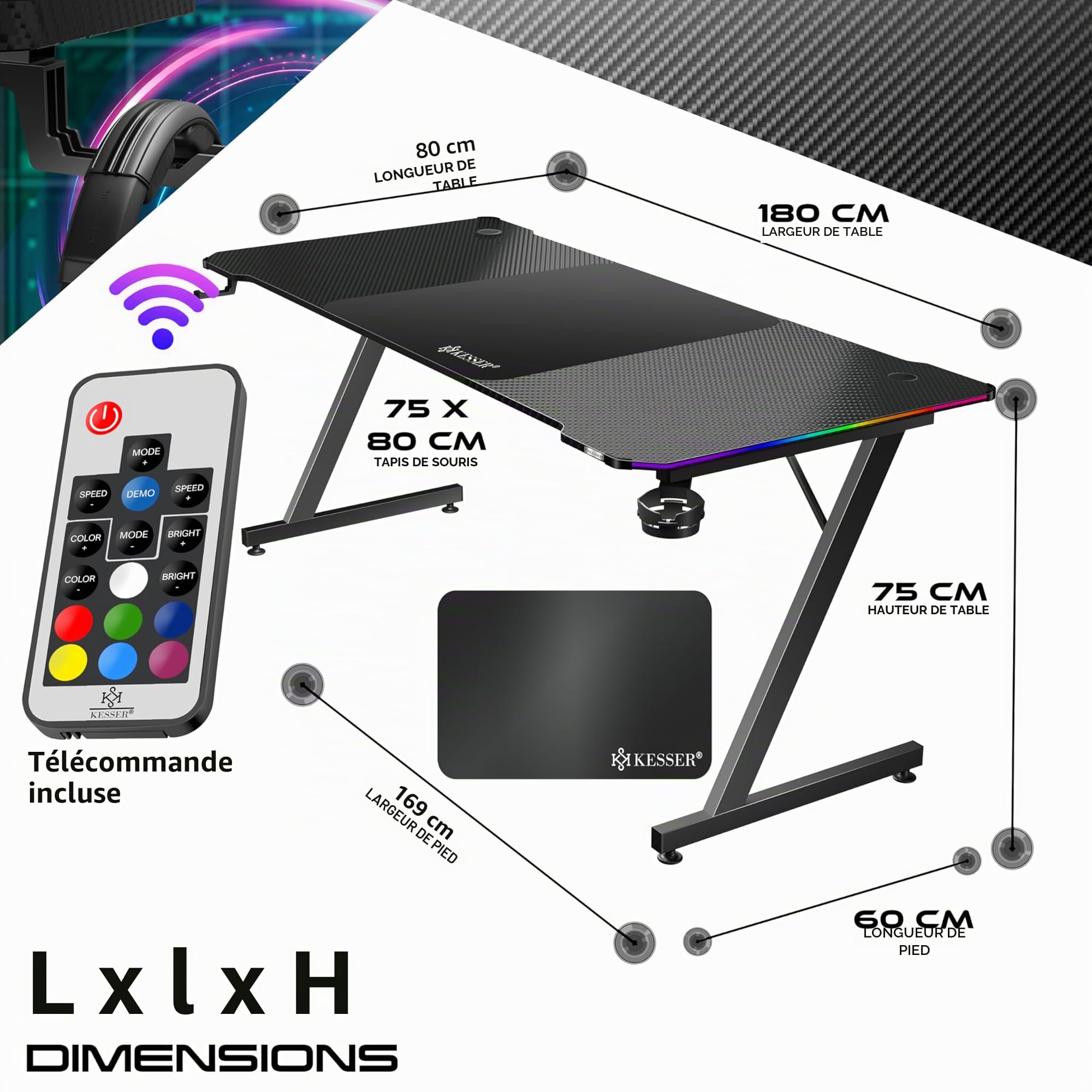 KESSER® Table de Jeu LED - 180 cm x 80 cm - Bureau Gamer en Forme de Z - Crochet pour Casque et revêtement en Carbone - Bureau d'ordinateur Ergonomique - Table Stable avec Porte-gobelet - Noir