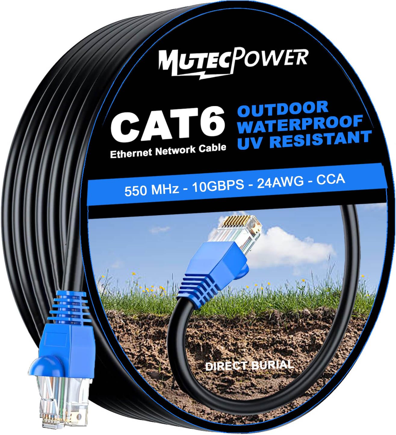 MutecPower 20m Waterproof Outdoor CAT6 Cables - CCA - Direct Landing Ethernet Network Cable - 250MHz - 20 Metres