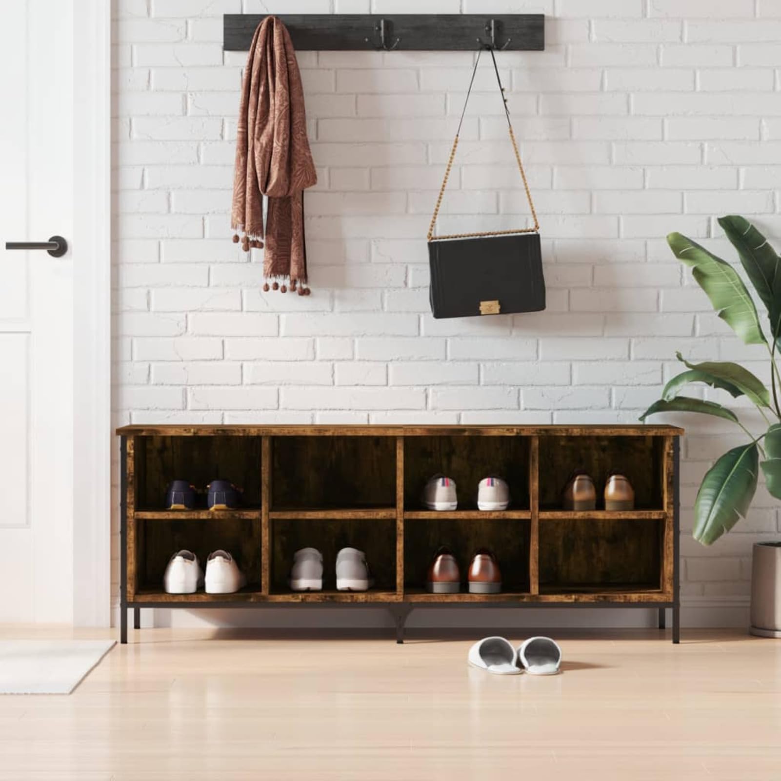 ZEYUAN Zapatero Madera de ingeniería Roble Ahumado 131x35x50 cm, Mueble Zapatero Estrecho, Organizador Zapatos Armario