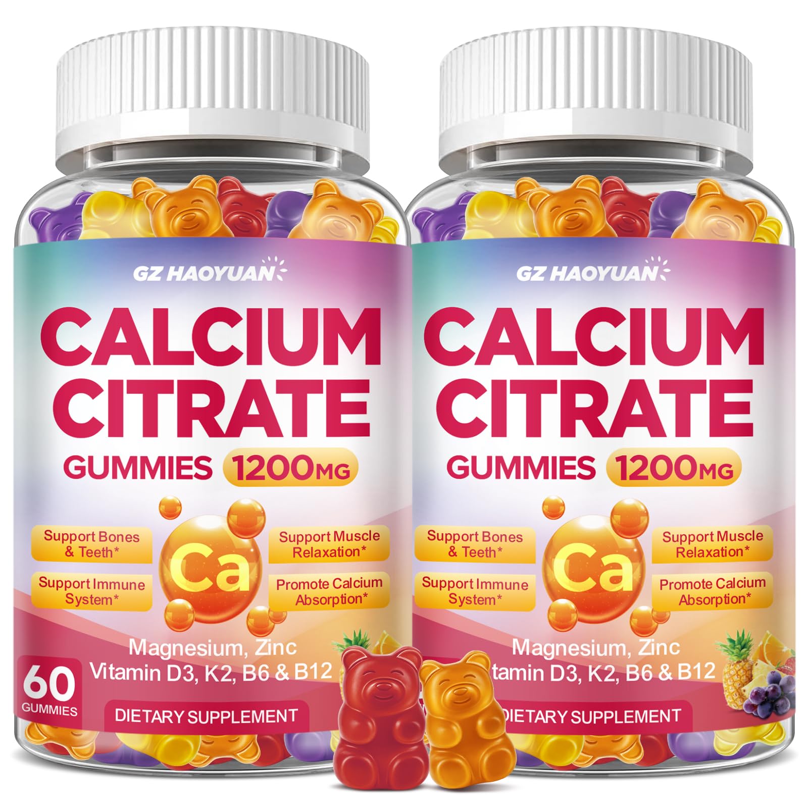 Calcium Citrate Gummies - 1200mg Calcium Gummies Supplements for Women & Men with Vitamin D3, K2, Magnesium, Zinc High Absorption for Muscle & Immune Support, Fruit Flavor, 120 Count Mixed Fruit 60 Count (Pack of 2)