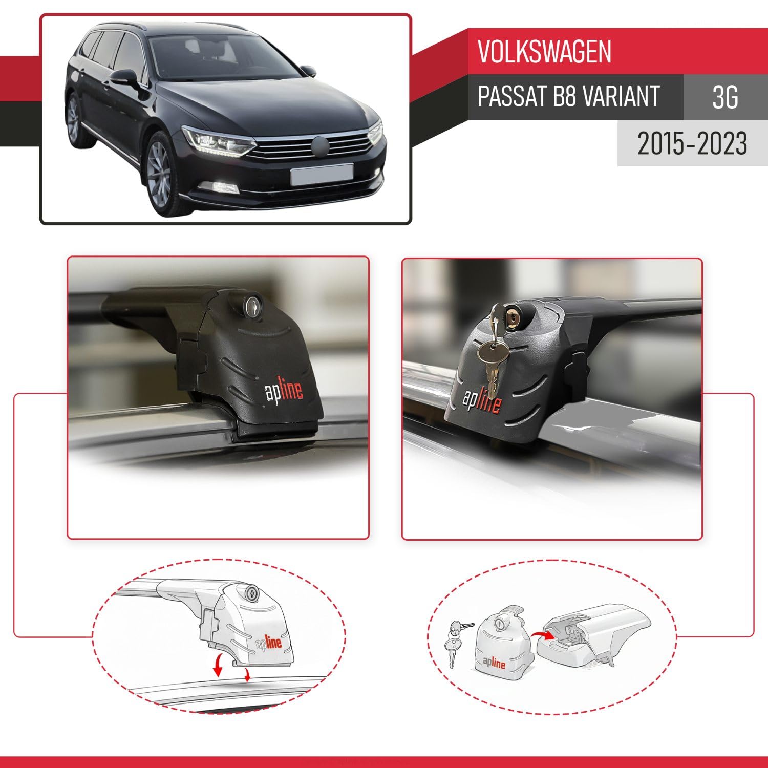 Kompatybilny z Volkswagen Passat B8 (3G) Variant 2015-2023 ACE-2 bagażnik dachowy samochodowy poprzeczka czarne aluminium 2 drążki