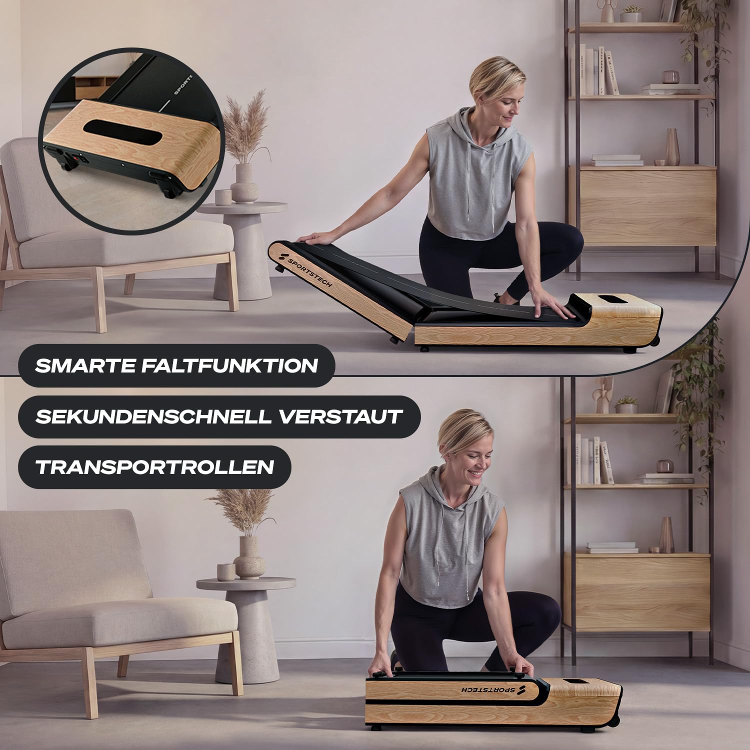 Sportstech Walking Pad Echtholz, 150kg, klappbar fürs Büro, 8 km/h, App | Fürs Home Office, Schrittzähler, unter dem Schreibtisch, kompakt, LED-Display, Bluetooth, gelenkschonend, WoodPad Pro