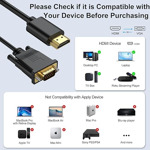 Miniatura 3 de URELEGAN Cable HDMI a VGA de 6 pies, adaptador HDMI a VGA (macho a macho) cable de video HD 1080P compatible con computadora, escritorio, laptop,