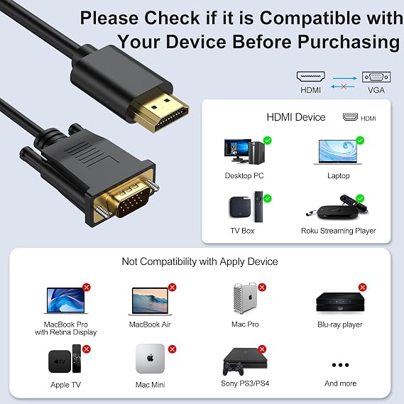 HDMI to VGA Cable 3.3 Feet, HDMI to VGA Cord (Male to Male) 1080P HD Video Cables Compatible for Computer, Desktop, Laptop, PC, Monitor, Projector, HDTV and More (NOT Bidirectional)