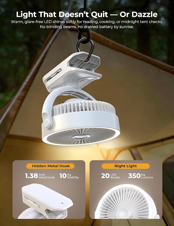 10000mAh Portable Clip on Fan Rechargeable, 8 Inch Battery Powered Desk Fan, LED Lantern, Quiet(30dB), 360° Rotate & 3 Speeds Strong Airflow for Camping Tent Office Outdoor Travel Golf Cart, White by Raynocti - Used condition - Image 7