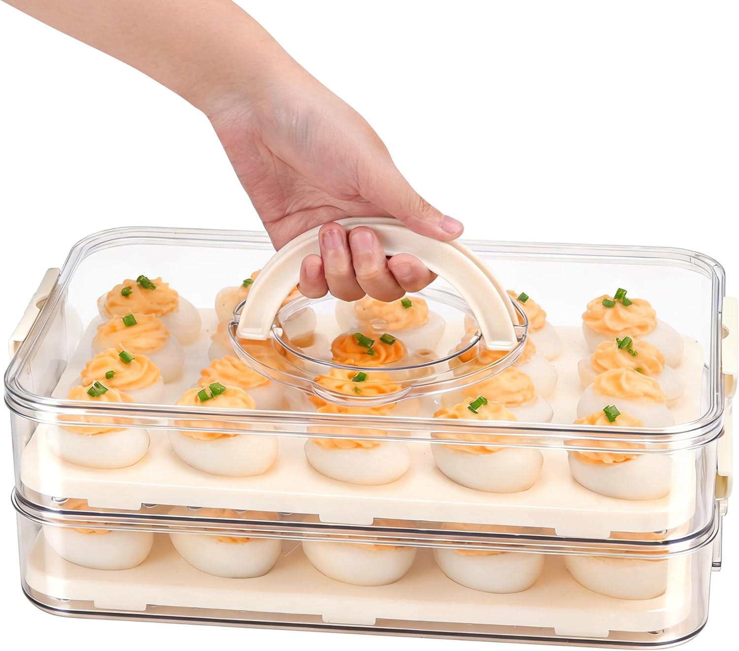 2-Layer Deviled Egg Containers with Lid, Plastic Deviled Egg Platter Tray Carrier with Handle for 40 Eggs, Clear Portable Stackable Egg Holder Storage for Fridge Party Picnic (2 layers)