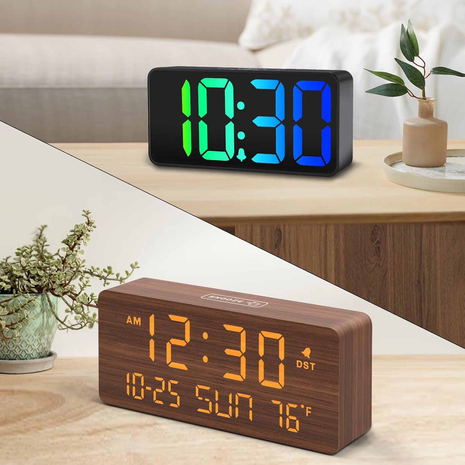 DreamSky RGB Small Digital Clock and Wooden Alarm Clock with Date