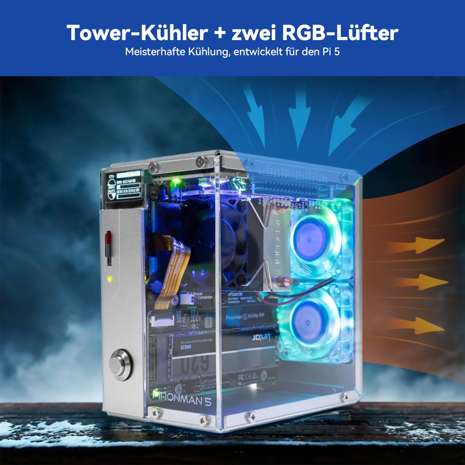 Pironman 5 NVMe M.2 SSD PCIe 2.0/3.0 Mini-PC-Gehäuse für Raspberry Pi 5 Hailo-8L, OpenClaw KI-Agent, Tower-Kühler + Dual-RGB-Lüfter, 0,96" OLED-Modul, Safe Shutdown, HDMI, RGB-Effekt