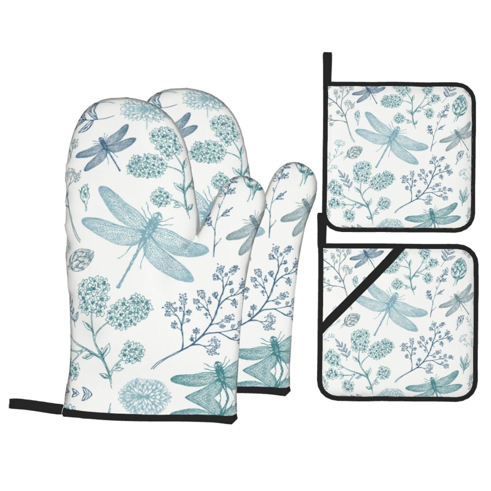 Dragonfly Oven Mitt and Pot Holder 4-Piece Set for Kitchen, Outdoor Grill, Baking