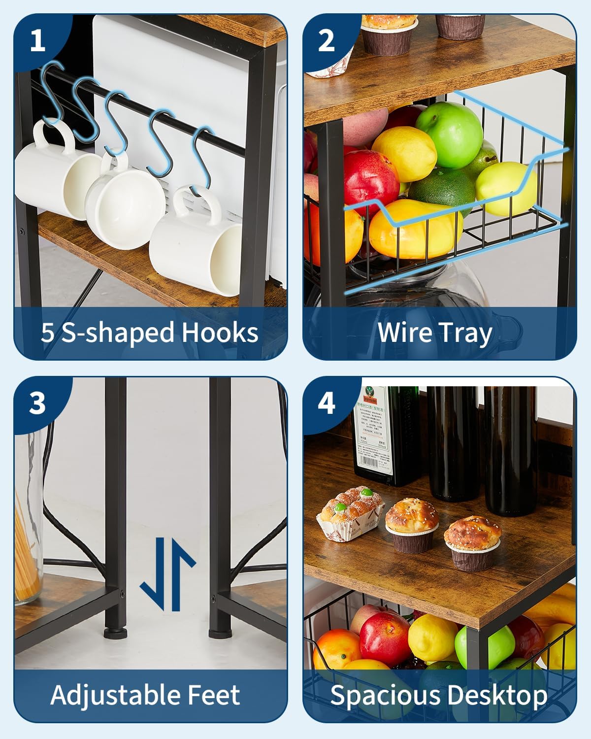 Garvee Kitchen Bakers Rack with Power Outlet, 35 * 60inch Microwave Oven Stand with Storage 4 Tiers, Coffee Bar Table with 5 S Hooks, Kitchen Storage Shelf Rack for Spices, Pots, Rustic Brown