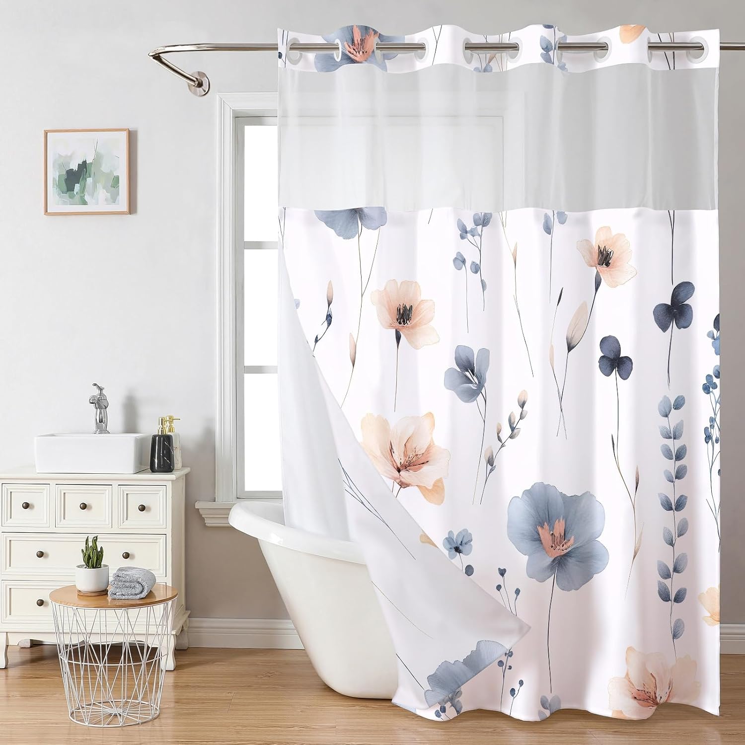 No Hook Floral Shower Curtains with Snap-in Liner Set for Bathroom, Hotel Style Double Layers with See Through Mesh Top Window, Yellow Grey Flower Fabric Bath Curtain Home Décor, 71x74 Inch
