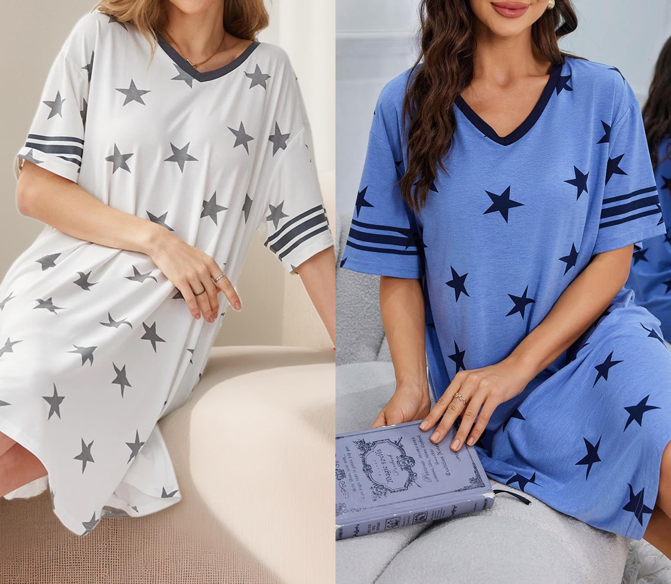 ft FENTENG 2-Pack Nightgowns for Women Comfortable Sleepshirts V-Neck Print Loose Nightdress Ladies Nightgown Sleepwear - Image 5
