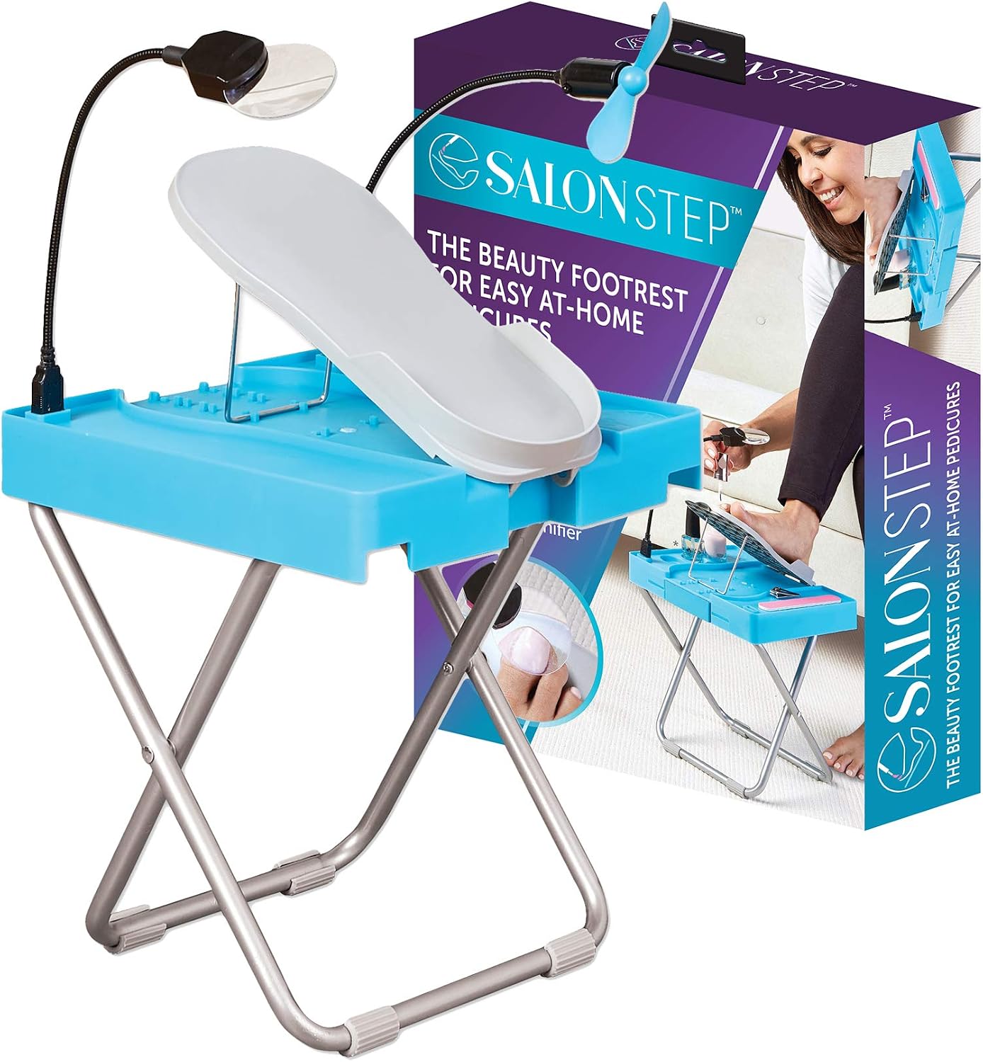 Salon Step The Beauty Footrest for Easy at-Home Pedicures, Treat Your Feet, No More Bending or Stretching with LED Magnifier, Drying Fan, Adjustable Foot Rest, Non-Slip Sturdy Legs & Built-in Storage