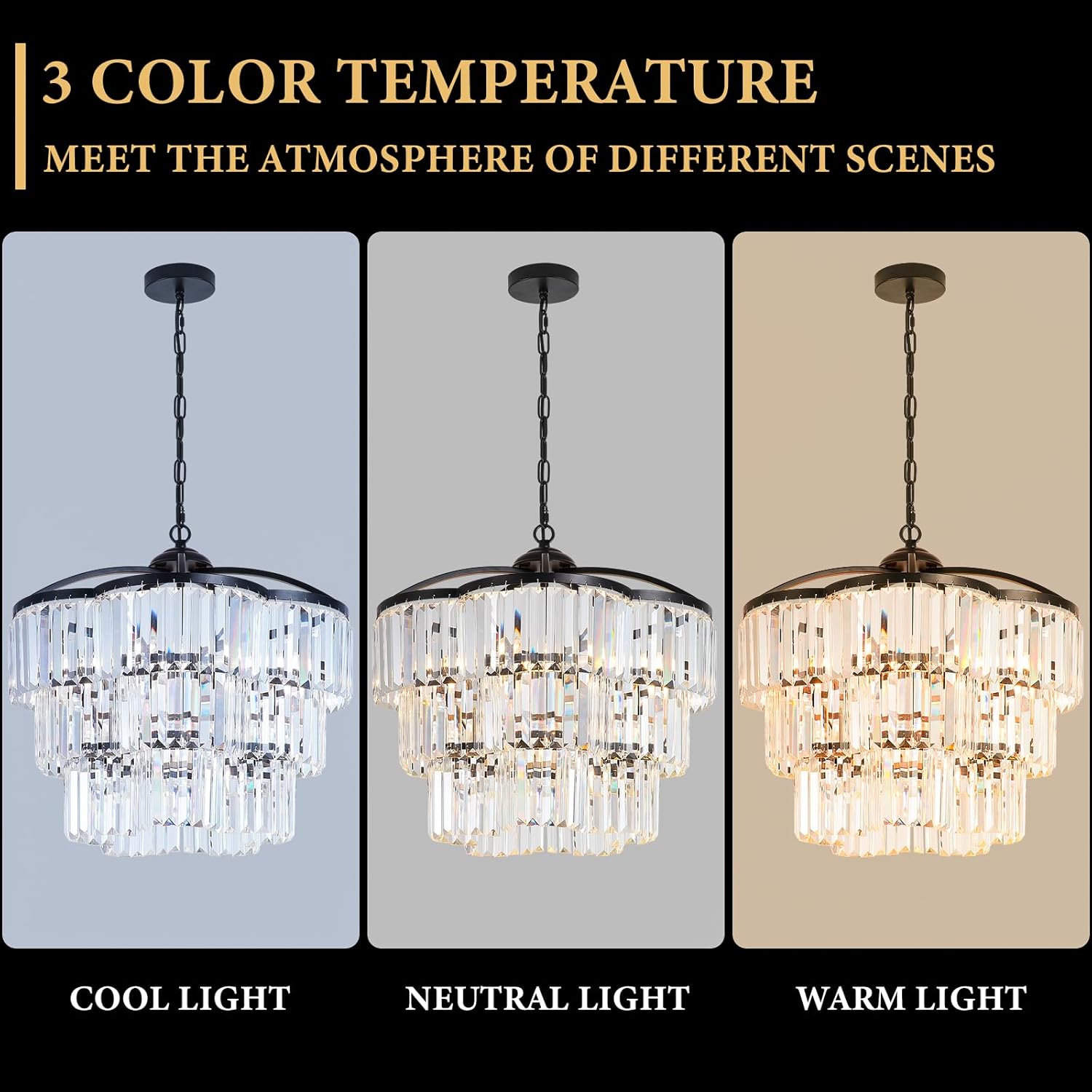 Black Crystal Chandelier - 3 Tiered Adjustable Modern Pendant Light for Dining Room Foyer Living Room Bedroom Kitchen Entryway (6 Lights)