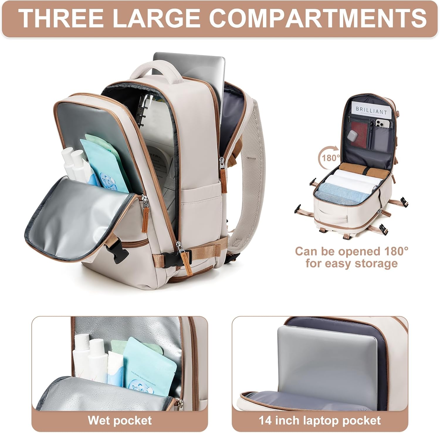 suwasp Travel Backpack Simple Durable Carry On Backpack with Shoe Compartment, Personal Item Travel Bag Flight Approved, Water Resistant Laptop Backpack for Women Men Weekender Business, Beige