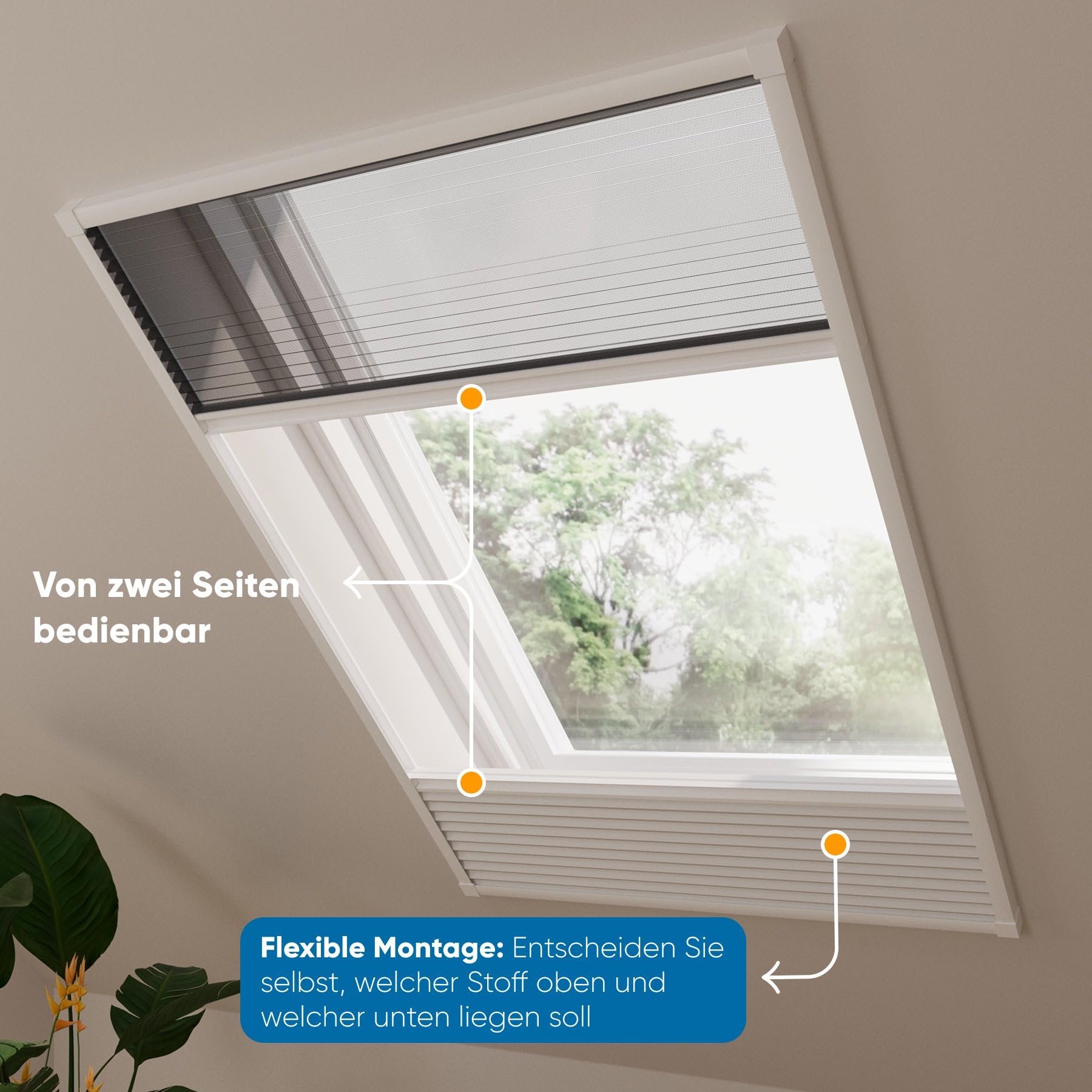 DTCH® Dachfenster Plissee mit Insektenschutz, weiß, 80 x 120 cm | Verdunkelung und Fliegengitter in einem, Wabenfalte silberbeschichtet, Hitzeschutz, Aluminium-Rahmen, kürzbar