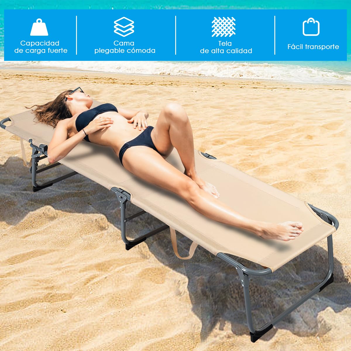 GOPLUS Tumbona Plegable, Tumbona Jardín Exterior con Agujero para la Cara, Almohada Extraíble y Respaldo Ajustable en 5 Posiciones, Tela Oxford, Playa Piscina Terraza, Carga 150kg, 194x60x36cm (Beige)