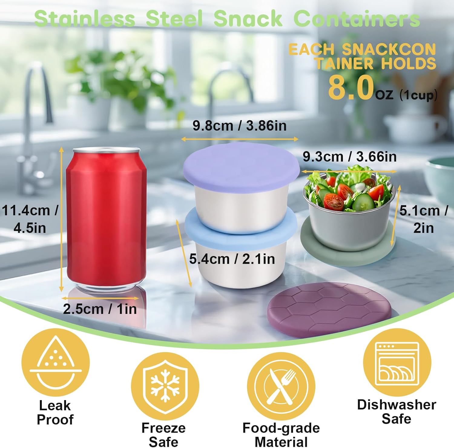 6Pack 1CUP Stainless Steel Snack Containers for Kids, Reusable Metal Small Food Containers with Silicone Lids, Stackable Metal Toddler Lunch Box for Daycare, School and Outdoor (8oz)