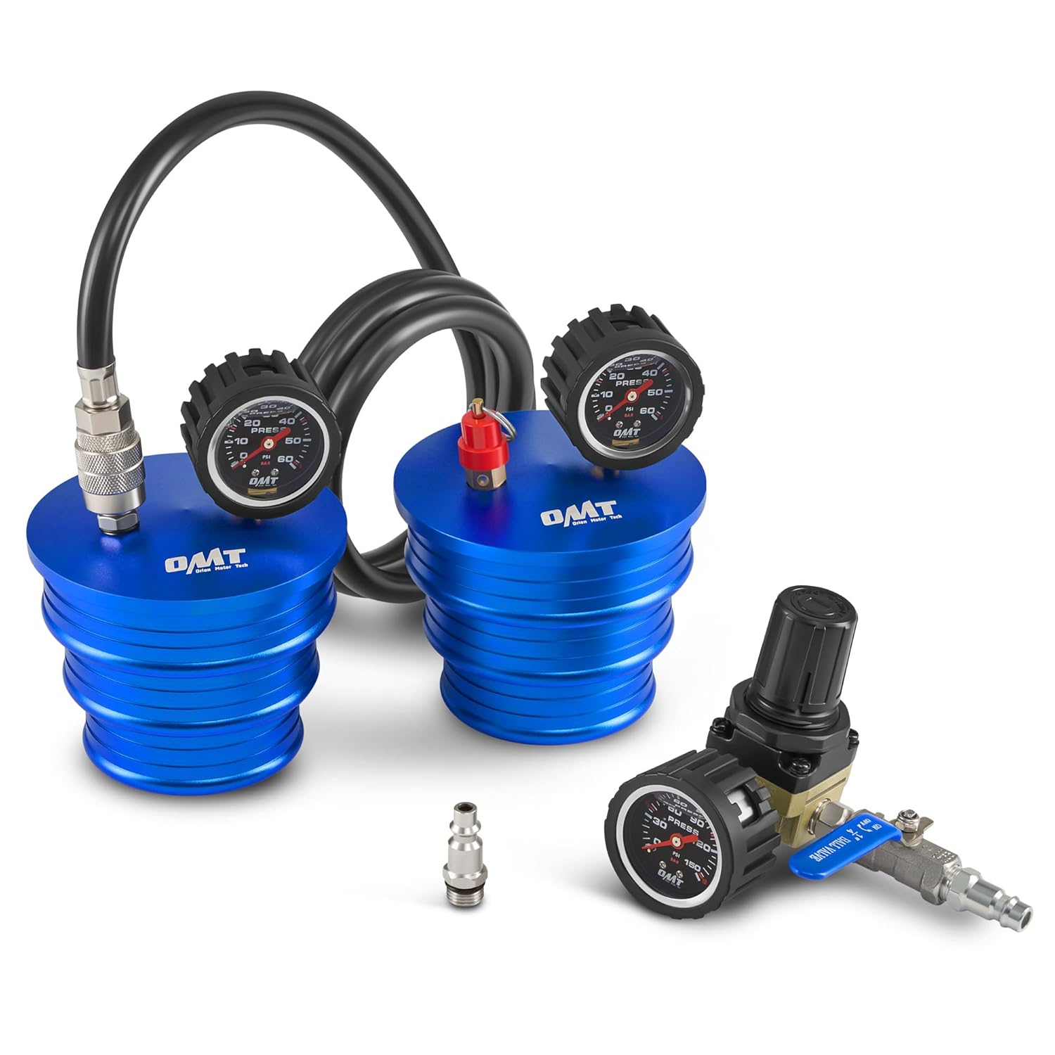 Orion Motor Tech Charge Air Cooler CAC Boost Leak Tester with 4" 3.5" 3" Billet End Caps, Aluminum CAC Pressure Tester with 150 psi Regulator Extension Line US & EU Air Fittings for Class 7 & 8 Trucks