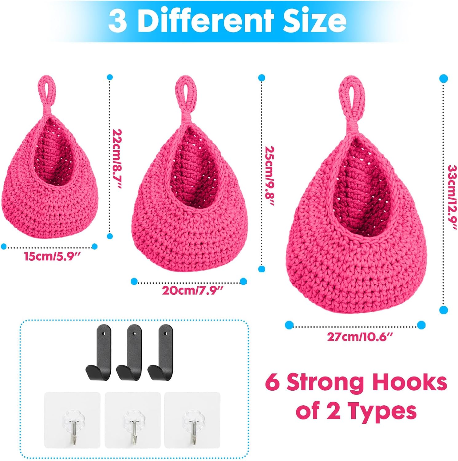 ShellKingdom Wall Hanging Baskets for Kitchen, 3 Pack Boho Handwoven Storage Teardrop Home Decorative Basket with 6PCS Hooks for Fruits, Vegetable, Potato, Egg, 3 Size (Hot Pink)