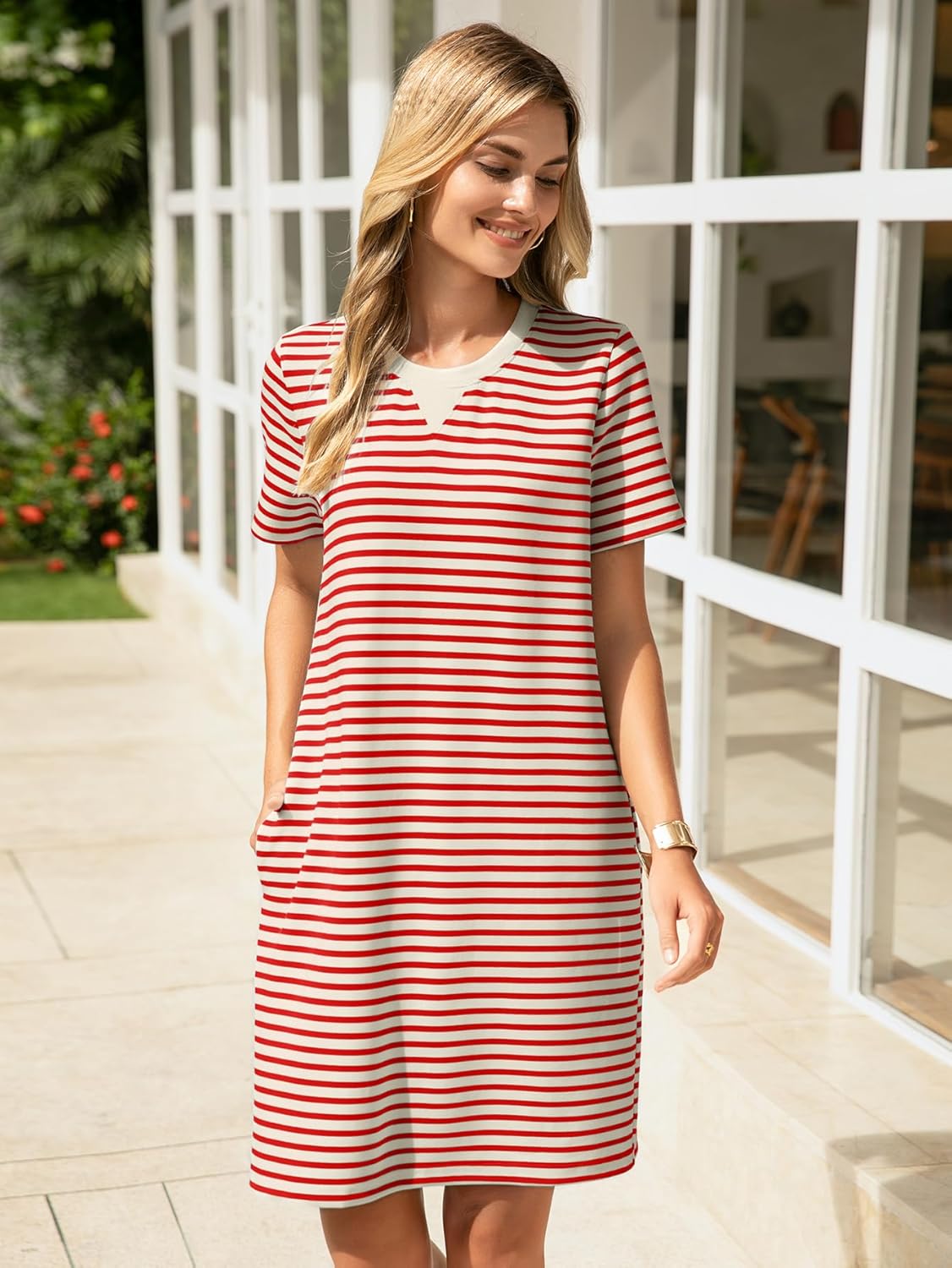 Glamaker Women Summer Tshirt Shift Dress Casual Striped Short Sleeve Crew Neck Knee Length Comfy Dress with Pockets - Image 3