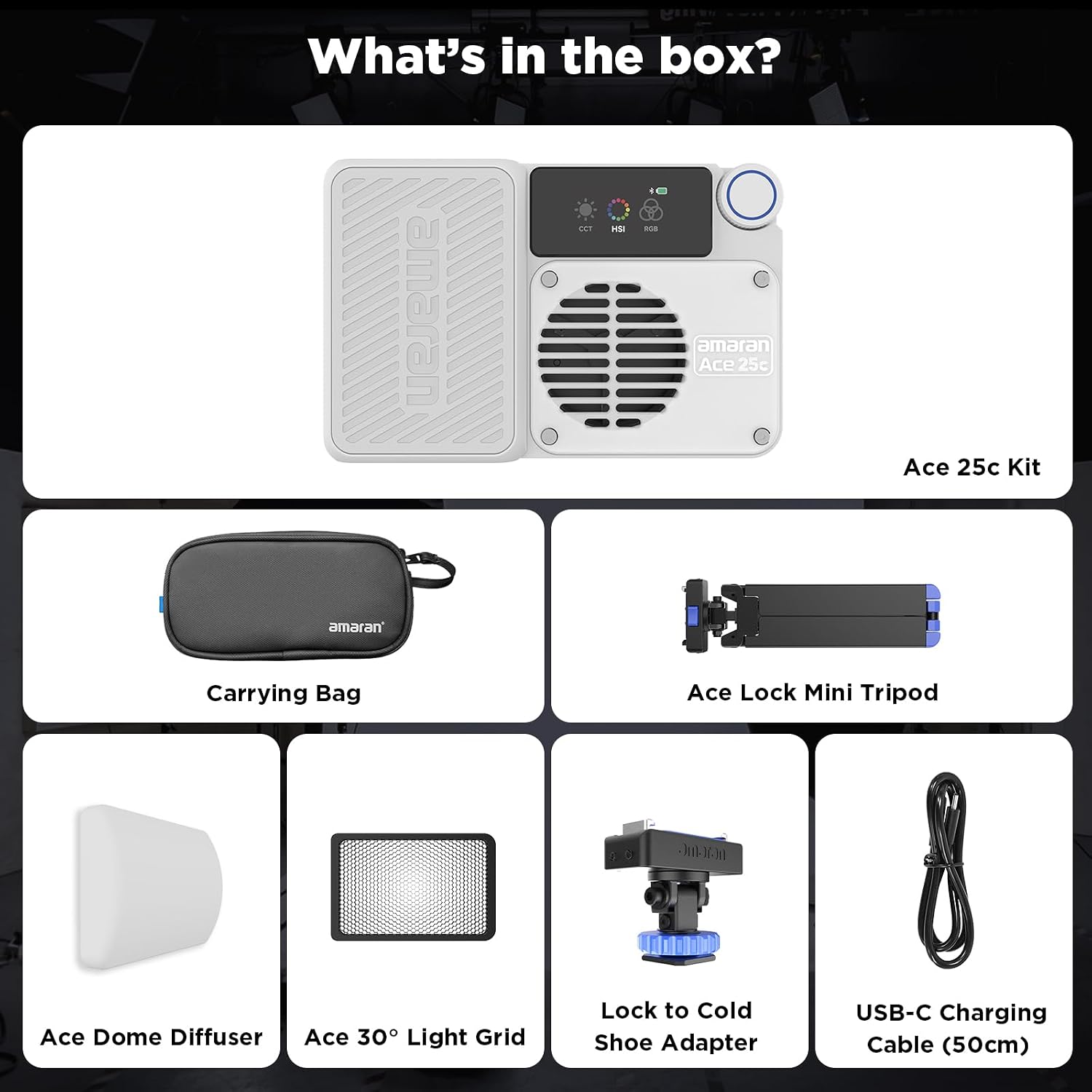 Contents of the Amaran Ace 25c Kit laid out, including the light, carrying bag, mini tripod, dome diffuser, light grid, cold shoe adapter, and USB-C cable.
