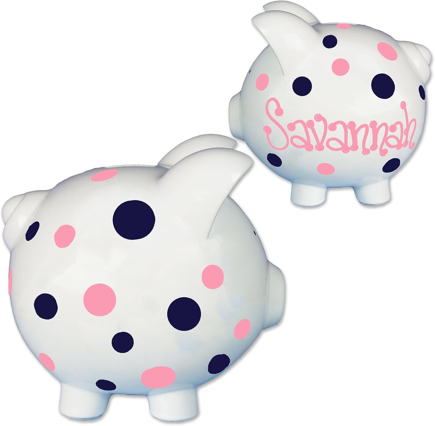 My Bambino Child's Hand Painted Personalized Piggy Bank - Pink & Navy Polka Dots for Kids | Baptism