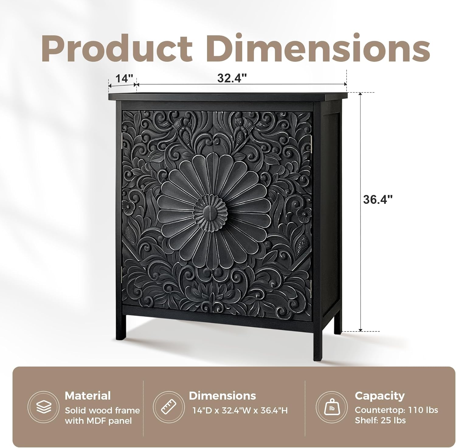 MAISON ARTS Black Floral Carved Accent Cabinet - Modern & Traditional Engineered Wood Storage Cabinet, Holds Up to 245lbs, Elegant Furniture for Living Room or Entryway